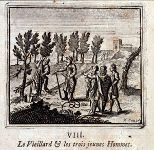 الرجل العجوز والشبان الثلاثة. أساطير جان دي لافونتين (1621-95). رسم توضيحي لفرانسوا تشوفو (1613-1676). طبعة 1728. بواسطة فرانسوا شوفو