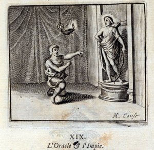 العراف والشرير. أساطير جان دي لافونتين (1621-95). رسم توضيحي لفرانسوا تشوفو (1613-1676). طبعة 1728. بواسطة فرانسوا شوفو