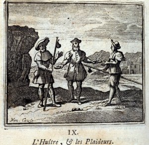 المحار والمتقاضون. أساطير جان دي لافونتين (1621-95). رسم توضيحي لفرانسوا تشوفو (1613-1676). طبعة 1728. بواسطة فرانسوا شوفو