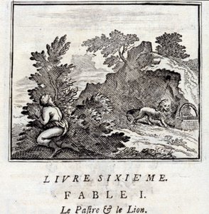 باترا والأسد. أساطير جان دي لافونتين (1621-95). رسم توضيحي لفرانسوا تشوفو (1613-1676). طبعة 1728. بواسطة فرانسوا شوفو