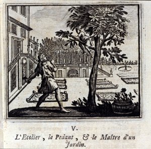 مدرسة المتحذلق وسيد الحديقة. أساطير جان دي لافونتين (1621-95). رسم توضيحي لفرانسوا تشوفو (1613-1676). طبعة 1728. بواسطة فرانسوا شوفو