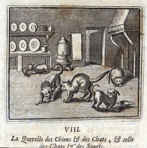 Querelle من الكلاب والقطط ، والقطط والفئران. أساطير جان دي لافونتين (1621-95). رسم توضيحي لفرانسوا تشوفو (1613-1676). طبعة 1728. بواسطة فرانسوا شوفو