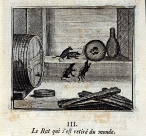 الجرذ الذي انسحب من العالم. أساطير جان دي لافونتين (1621-95). رسم توضيحي لفرانسوا تشوفو (1613-1676). طبعة 1728. بواسطة فرانسوا شوفو