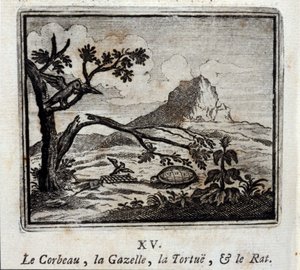 الغراب والغزال والسلحفاة والجرذ. أساطير جان دي لافونتين (1621-95). رسم توضيحي لفرانسوا تشوفو (1613-1676). طبعة 1728.