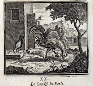 الديك واللؤلؤ. أساطير جان دي لافونتين (1621-95). رسم توضيحي لفرانسوا تشوفو (1613-1676). طبعة 1728.