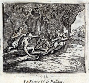 الساتير والراكب. أساطير جان دي لافونتين (1621-95). رسم توضيحي لفرانسوا تشوفو (1613-1676). طبعة 1728. بواسطة فرانسوا شوفو