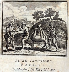المصاص ابنه والحمار. أساطير جان دي لافونتين (1621-95). رسم توضيحي لفرانسوا تشوفو (1613-1676). طبعة 1728.