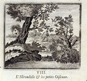 السنونو والطيور الصغيرة. أساطير جان دي لافونتين (1621-95). رسم توضيحي لفرانسوا تشوفو (1613-1676). طبعة 1728. بواسطة فرانسوا شوفو