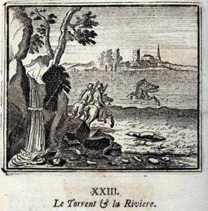 التورنت و Riviere. أساطير جان دي لافونتين (1621-95). رسم توضيحي لفرانسوا تشوفو (1613-1676). طبعة 1728. بواسطة فرانسوا شوفو