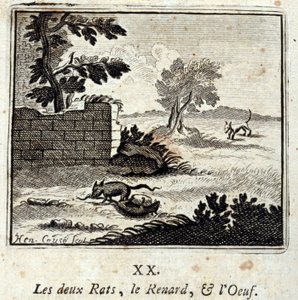 الجرذان والثعلب والبيض. أساطير جان دي لافونتين (1621-95). رسم توضيحي لفرانسوا تشوفو (1613-1676). طبعة 1728.