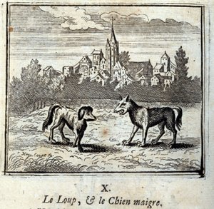 الذئب والكلب العجاف. أساطير جان دي لافونتين (1621-95). رسم توضيحي لفرانسوا تشوفو (1613-1676). طبعة 1728.