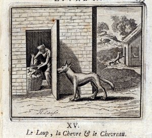 الذئب والماعز والماعز. أساطير جان دي لافونتين (1621-95). رسم توضيحي لفرانسوا تشوفو (1613-1676). طبعة 1728.