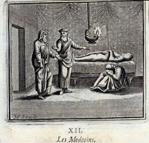 الأطباء. أساطير جان دي لافونتين (1621-95). رسم توضيحي لفرانسوا تشوفو (1613-1676). طبعة 1728. بواسطة فرانسوا شوفو