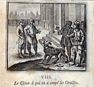 الكلب قطعنا أذنيه. أساطير جان دي لافونتين (1621-95). رسم توضيحي لفرانسوا تشوفو (1613-1676). طبعة 1728. بواسطة فرانسوا شوفو
