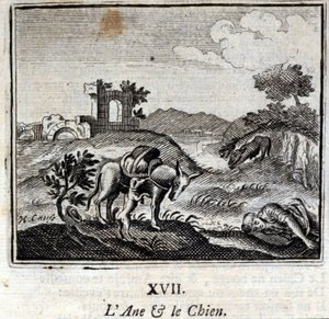الحمار والكلب. أساطير جان دي لافونتين (1621-95). رسم توضيحي لفرانسوا تشوفو (1613-1676). طبعة 1728.