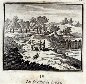 آذان ليفر. أساطير جان دي لافونتين (1621-95). رسم توضيحي لفرانسوا تشوفو (1613-1676). طبعة 1728. بواسطة فرانسوا شوفو
