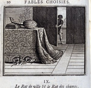 فأر المدينة وجرذ الحقل. أساطير جان دي لافونتين (1621-95). رسم توضيحي لفرانسوا تشوفو (1613-1676). طبعة 1728. بواسطة فرانسوا شوفو