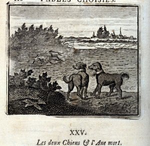 الكلبان والحمار الميت. أساطير جان دي لافونتين (1621-95). رسم توضيحي لفرانسوا تشوفو (1613-1676). طبعة 1728. بواسطة فرانسوا شوفو