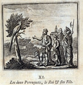 الببغاوات الملك وابنه. أساطير جان دي لافونتين (1621-95). رسم توضيحي لفرانسوا تشوفو (1613-1676). طبعة 1728. بواسطة فرانسوا شوفو