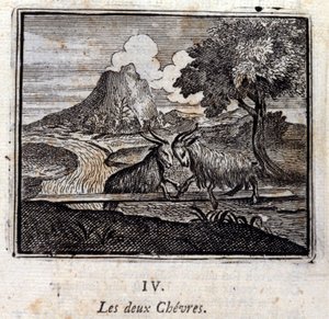 الماعزان. أساطير جان دي لافونتين (1621-95). رسم توضيحي لفرانسوا تشوفو (1613-1676). طبعة 1728.