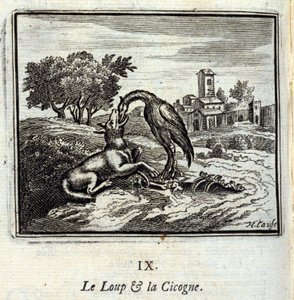 الذئب واللقلق. أساطير جان دي لافونتين (1621-95). رسم توضيحي لفرانسوا تشوفو (1613-1676). طبعة 1728.