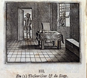 قاموس المرادفات والقرد. أساطير جان دي لافونتين (1621-95). رسم توضيحي لفرانسوا تشوفو (1613-1676). طبعة 1728. بواسطة فرانسوا شوفو
