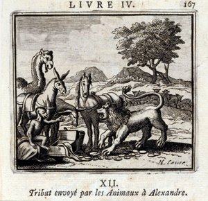 جزية أرسلتها الحيوانات إلى الإسكندر. أساطير جان دي لافونتين (1621-95). رسم توضيحي لفرانسوا تشوفو (1613-1676). طبعة 1728. بواسطة فرانسوا شوفو