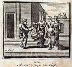 سوف يشرحها إيسوب. أساطير جان دي لافونتين (1621-95). رسم توضيحي لفرانسوا تشوفو (1613-1676). طبعة 1728. بواسطة فرانسوا شوفو