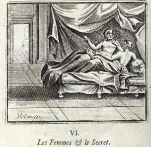 المرأة والسر. أساطير جان دي لافونتين (1621-95). رسم توضيحي لفرانسوا تشوفو (1613-1676). طبعة 1728. بواسطة فرانسوا شوفو