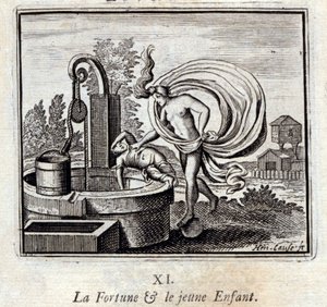 الثروة والطفل الصغير. أساطير جان دي لافونتين (1621-95). رسم توضيحي لفرانسوا تشوفو (1613-1676). طبعة 1728. بواسطة فرانسوا شوفو