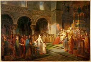 بيبين المقدس الموجز للبابا ستيفن الثاني في دير القديس دينيس في 28 يوليو 754. لوحة لدوبوا فرانسوا (1790-1871). 1837 ، 0.62 × 0.91 م. فرساي ، Chateaux de Versailles et de Trianon - Sacre of Pepin the Short للبابا ستيفن الثاني في أب بواسطة فرانسوا دوبوا