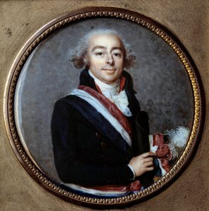 الثورة الفرنسية: "" صورة للكونت فرانسوا أنطوان بويسي دانجلاس (1756-1826) في زي ممثل الشعب في مهمة "" لوحة مصغرة على العاج لفرانسوا دومون لاين (1751-1831). 1793-1794.