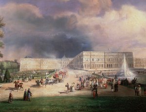 لويس فيليب ملك فرنسا وعائلته ودوقة كينت يحضرون Grandes Eaux في فرساي ، فرنسا ، مايو 1844 (رسم تفصيلي