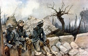 3 جنود فرنسيين يجلسون أمام أنقاض كنيسة دامبيير. حرب 1914 - 1918. لوحة لفرانسوا فلامنج (1856-1923). باريس ، Musee de l'Armee