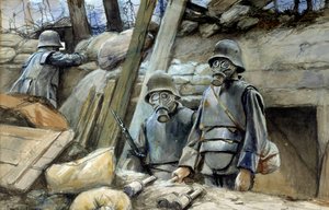 الحرب العالمية الأولى: "" الجنود الألمان مع درع الخندق وقناع الغاز ، أغسطس 1917 "" لوحة بالألوان المائية بقلم فرانسوا فلامنج (1856-1923) صن. 0.3x0.48 م باريس ، متحف الجيش - الحرب العالمية الأولى: "" الجنود الألمان يرتدون درع ا