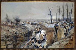 الحرب العالمية الأولى: "" منظر لسوشيز (في أرتوا) ، وهو خندق في 18/12/1915 "لوحة مائية بقلم فرانسوا فلامنج (1856-1923) ديسمبر 1915. 0.3x0.48 م باريس متحف لارمي - الحرب العالمية الأولى: "" منظر سوشيز (أرتوا) ؛ جنود فرنسيون في خندق "