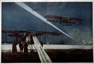 الحرب العالمية الأولى: "" المغادرة من سرب "" الجيران لقصف ليلي في عام 1918 "" لوحة مائية بقلم فرانسوا فلامينج (1856-1923) مجموعة خاصة 1918