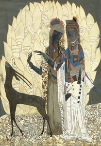امرأتان منمنمة مع ظباء بين أوراق الشجر ، حوالي عام 1928 (لوح خشبي مطلي باللك و Coquille d&39;oeuf)