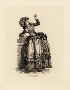 Fashionable woman in bonnet a la Nicolet, era of Marie Antoinette (etching) بواسطة فرانسوا لويس جوزيف (بعد) واتو