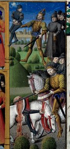 مشاهد من حياة شارلمان (742-814) ملك الفرنجة: مشهد قتال. قرد. المنمنمة مأخوذة من مخطوطة "Speculum historyiale" (لو ميرور التاريخية) بقلم فنسنت دي بوفيه (1184 / 94-1264) قام بتزيينها السيد فرانسوا (القرن الخامس عشر) بواسطة Maître François