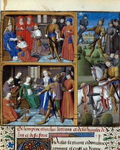 مشاهد من حياة ملك الفرنجة شارلمان (742-814). المنمنمة مأخوذة من مخطوطة "Speculum historyiale" (لو ميرور التاريخية) لفنسنت دي بوفيه (1184 / 94-1264) التي قام بتزيينها السيد فرانسوا (القرن الخامس عشر). شانتيلي ، كوندي بواسطة Maître François