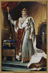 صورة للإمبراطور نابليون الأول بونابرت (1769-1821) في زي التتويج. (صورة للإمبراطور نابليون الأول بونابرت في رداء التتويج). لوحة لفرانسوا باسكال سيمون ، البارون جيرارد (1770-1837) ، زيت على قماش ، حوالي 1804. الفن الفرنسي بواسطة البارون فرانسوا باسكال سيمون جيرار