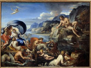 Acis و Galatee تمت ملاحظة الحورية Galatee و Acis من قبل Cyclops Polypheme ، غيورًا من حبهم المثالي. وفقًا لـ "Metamorphoses" من Ovid ، لوحة فرانسوا بيرييه