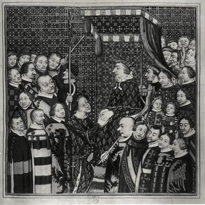لويس الثاني (1337-1410) كونت كليمنت ، تكريمًا لتشارلز الخامس (1338-80) نسخة مصغرة من القرن الرابع عشر (ألوان مائية على ورق) (صورة بالأبيض والأسود)