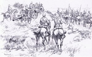 سلاح الفرسان والمدفعية يتقدمون في برجندال ، التوضيح من بعد بريتوريا: حرب العصابات ، 1902 بواسطة فرانك الجنون ستيوارت