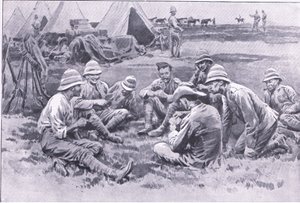 الجنود المتعبون يستمتعون بالراحة ، من بعد بريتوريا: حرب العصابات التي نشرتها Harmsworth Bros Limited ، 1901 بواسطة فرانك داد