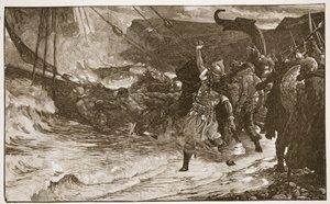 جنازة فايكنغ ، صورة توضيحية من "كنيسة إنجلترا: تاريخ للشعب" بقلم HDM Spence-Jones ، حانة. ج .1910 (صورة بني داكن) بواسطة فرانك ديكسي