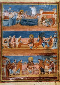 القديس جيروم يغادر روما ويدفع رواتب معلمه في القدس (في الأعلى) ويعمل مع كتبةه (في الوسط) ويوزع الفولغات (أسفل). صورة مصغرة في "" الكتاب المقدس الأول لتشارلز الأصلع ، المعروف أيضًا باسم إنجيل فيفيان "" (الورقة 3v) ، 845-846. BN ، باري بواسطة مدرسة الفرنجة