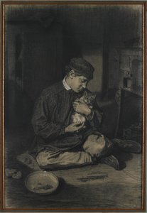 صبي جالس يحمل قطة (مستقيمة) ؛ دراسة القطط وصفيحة الحليب (بالعكس) ، ج. 1874-80 (طباشير أسود مرتفع مع طباشير أبيض على ورق أبيض غير لامع) بواسطة فرانسوا بونفين