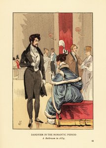 الغندقة في العصر الرومانسي ، قاعة رقص عام 1834. ارتدي معطفًا بذيول وسراويل ضيقة وقبعة. امرأة في فستان من الفرو مع ريشة في شعرها. الطباعة الحجرية الملونة يدويًا بواسطة RV بعد الرسم التوضيحي الذي رسمه فرانسوا كوربوين من أزياء أوكتاف أوزان